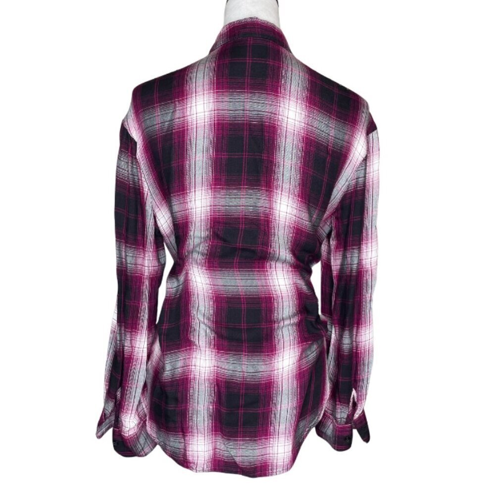 Express Burgundy Gray Plaid Flannel Roll Tab Studded Shoulder Button Down Shirt - Picture 5 of 7